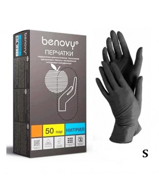 Перчатки нитриловые черные Benovy (50 пар в упаковке), размер S